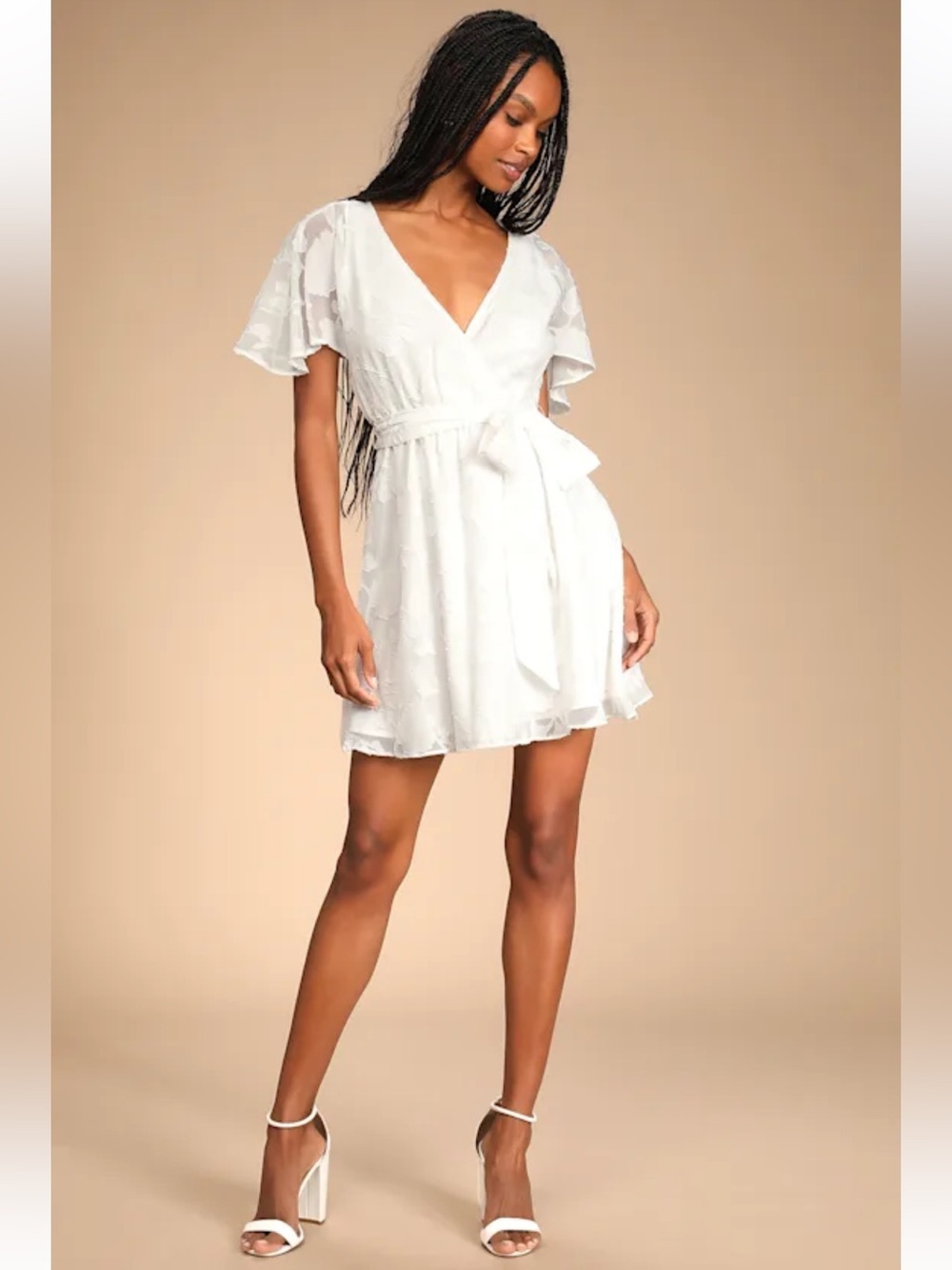 Lulus Flutter Forever White Burnout Jacquard Flutter Sleeve Mini Dress M